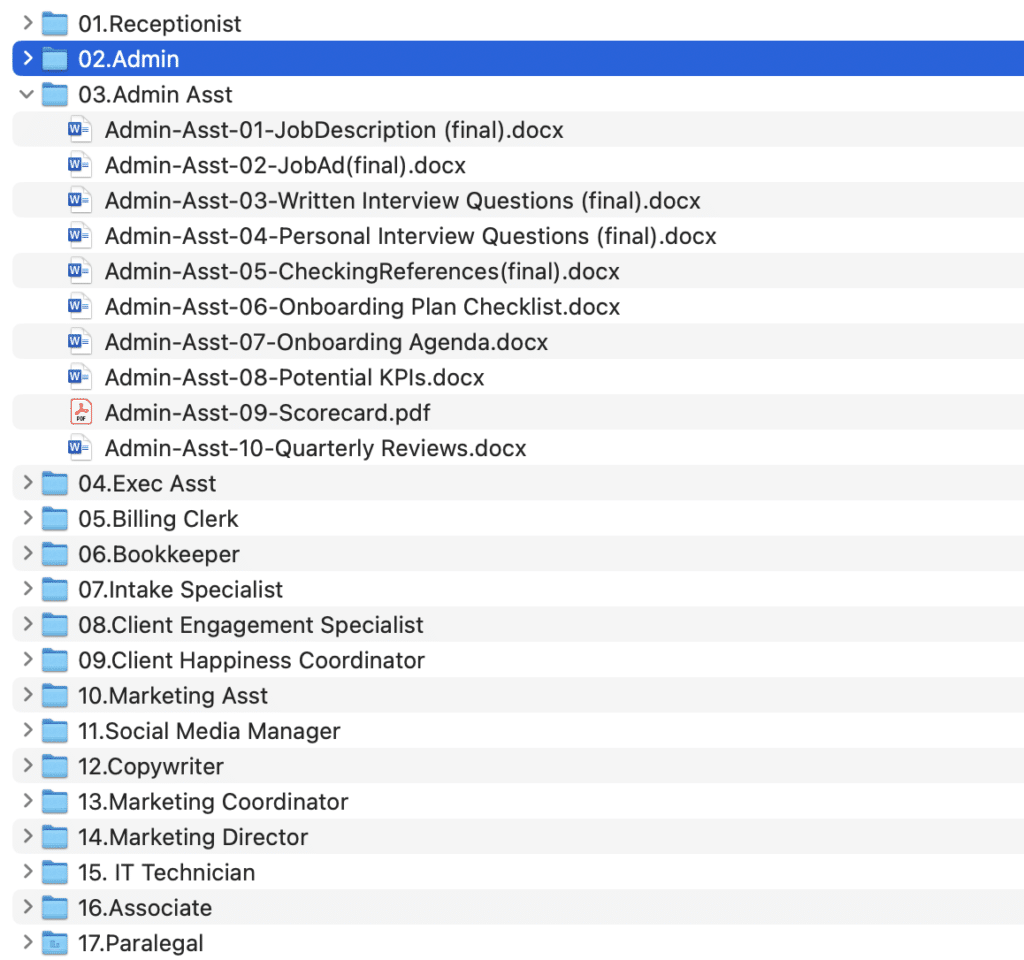 Admin-related document folders and files organized in a digital interface, showcasing templates for job descriptions, interview questions, onboarding checklists, and performance reviews, relevant to hiring and onboarding processes in a structured program.